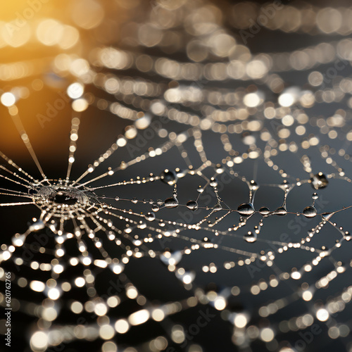 Gossamer Dew  Spiderweb Adorned with Water Droplets. Generative AI