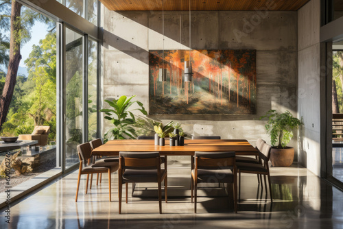 Dining room are laid out along the corridor in the elevated part of the home,ai generater