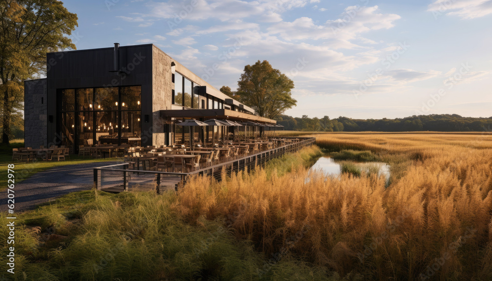 a cafe selling coffee in the middle of golden rice fields in Thailand,ai generater