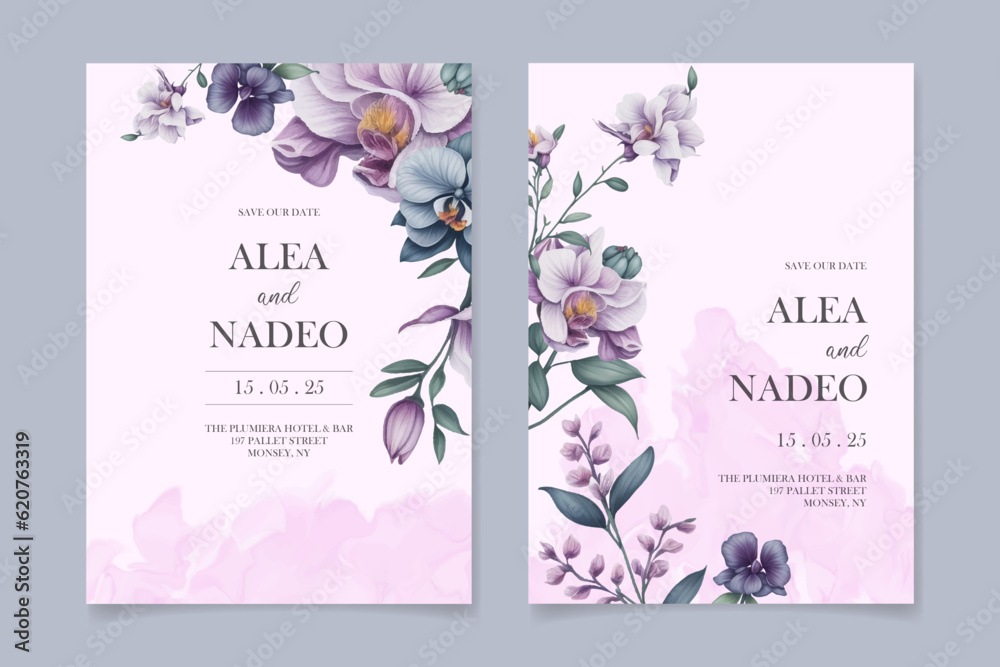 Blooming watercolor orchid flower wedding invitation card set