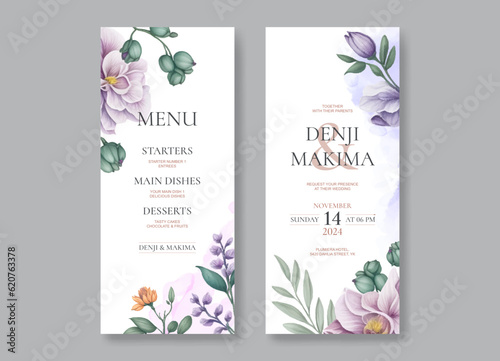 Romantic watercolor flower wedding menu card set
