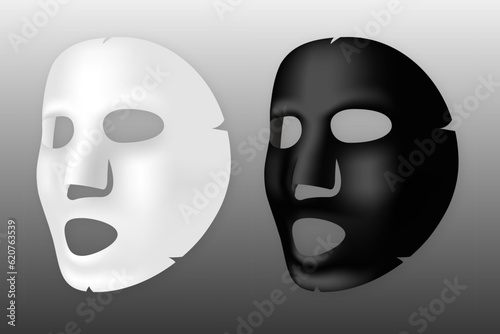 White and black cloth Face Mask, cosmetic treatments, rejuvenation. Skin care, cosmetic product for facial care. Realistic vector illustration.