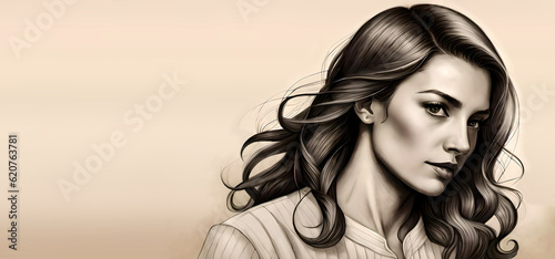 Young beautiful woman with long dark hair and seductive glance, portrait of a pretty girl, charcoal drawing, looks directly into the camera, plain background, monocrome sepia stylized, copy space