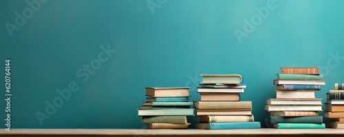a stack of books on a table next to a blue wall, in the style of retro vintage photo