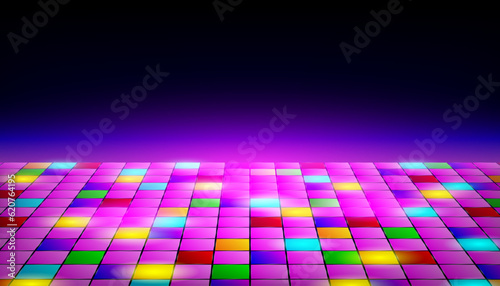Dance floor amongst open space. Night disco party. Neon retro dance floor background. Vector illustration.