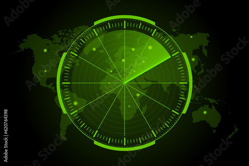 Vector green radar with targets in action. HUD radar display. Military Search System. Monitors with grid map and green neon objects. Vector illustration.