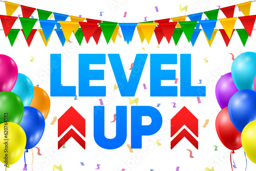 Level up with arrows isolated on congratulations background. Design concept for business and game. Celebrating an advancement or level. Vector illustration.