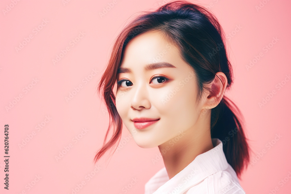 笑顔の女性のポートレート　ピンク背景　AI生成画像　ジェネレーティブ　AI