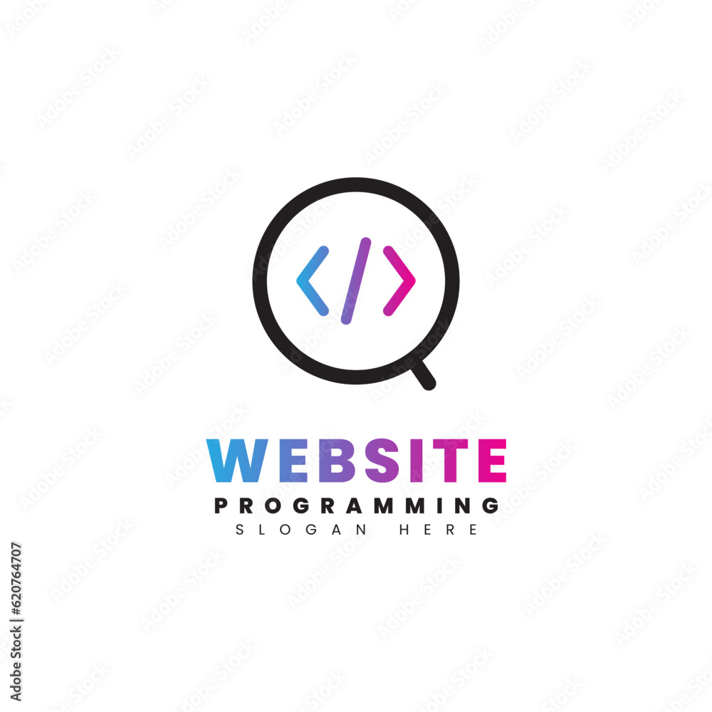 Logo combination of brackets inside a magnifying glass, with a technology theme Logo combination of brackets inside a magnifying glass, with a technology theme
