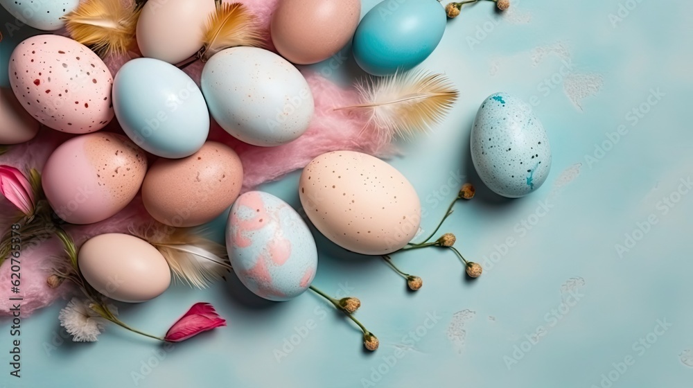 Happy Easter Day banner concept design of colorful eggs and flowers on pastel background
