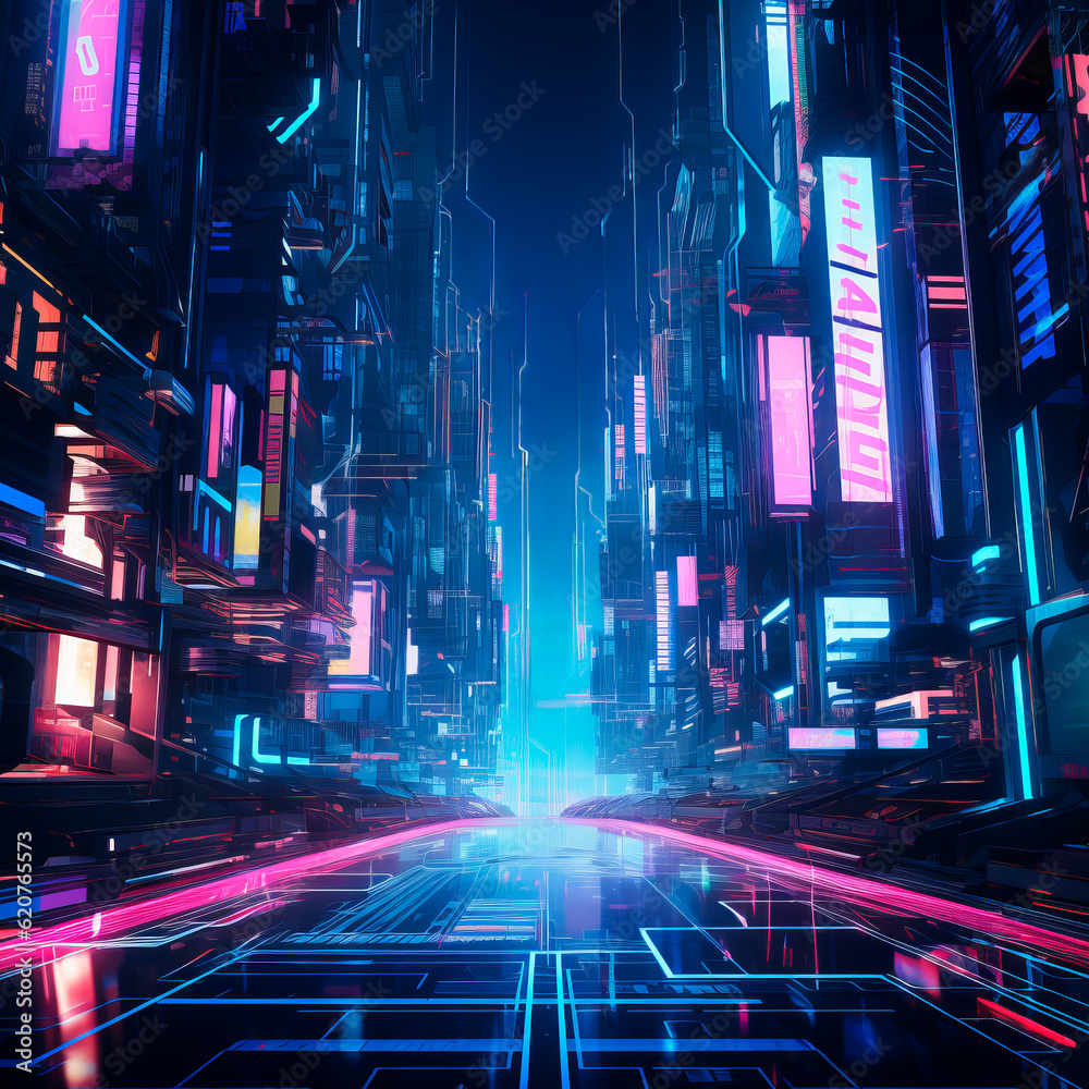 Cyberpunk city scene, neon lights landscape, sci-fi downtown environment, futuristic urban cityscape, Generative AI