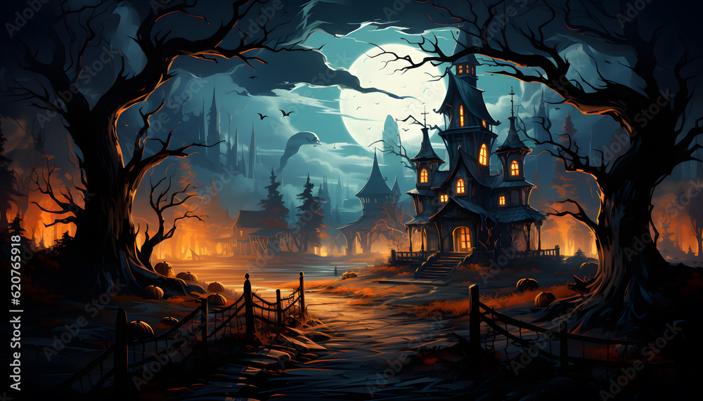 Haunted house, pumpkin patch at night by full moon light