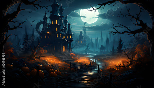 A spooky house with ghostly presence, a pumpkin patch illuminated by the eerie glow of the full moon at night