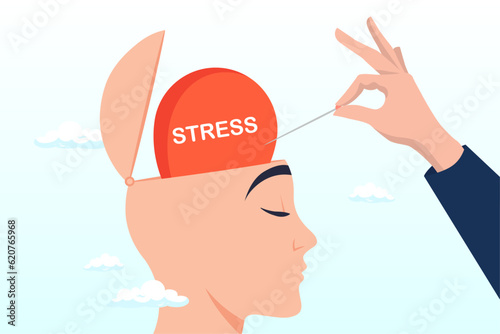 Doctor help solve anxiety problem using needle to burst stress balloon, stress management, relaxation to relieve anxiety or anger from your brain, meditation to help reduce stress concept (Vector)