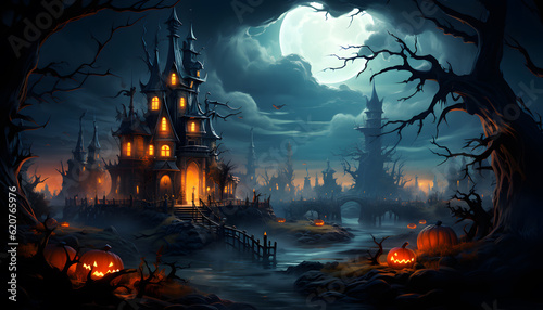 A spooky house with ghostly presence, a pumpkin patch illuminated by the eerie glow of the full moon at night © AGSTRONAUT