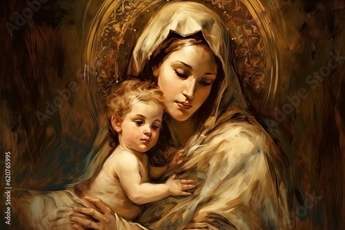 Photo illustration of the Orthodox Mother of God Virgin Mary with the baby biblical picture AI © Vitalii But