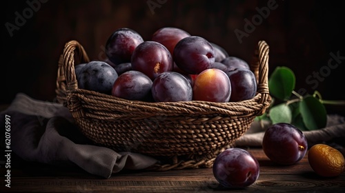 Plum Fruits in a bamboo basket with blur background