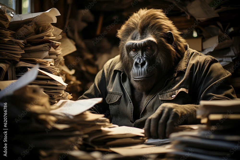 A gorilla doing home office. A gorilla working.
Generative AI.