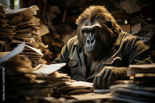 A gorilla doing home office. A gorilla working. Generative AI.