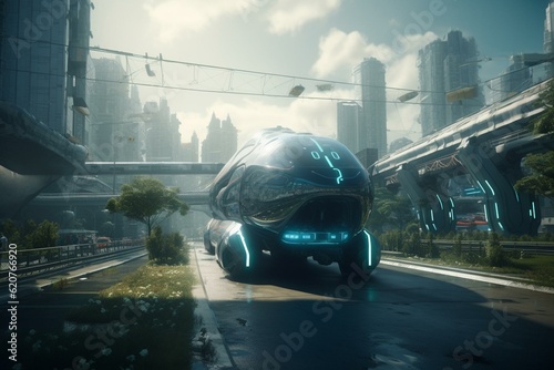 Hydrogen refueling in futuristic city with green energy. No oil & gas. Generative AI