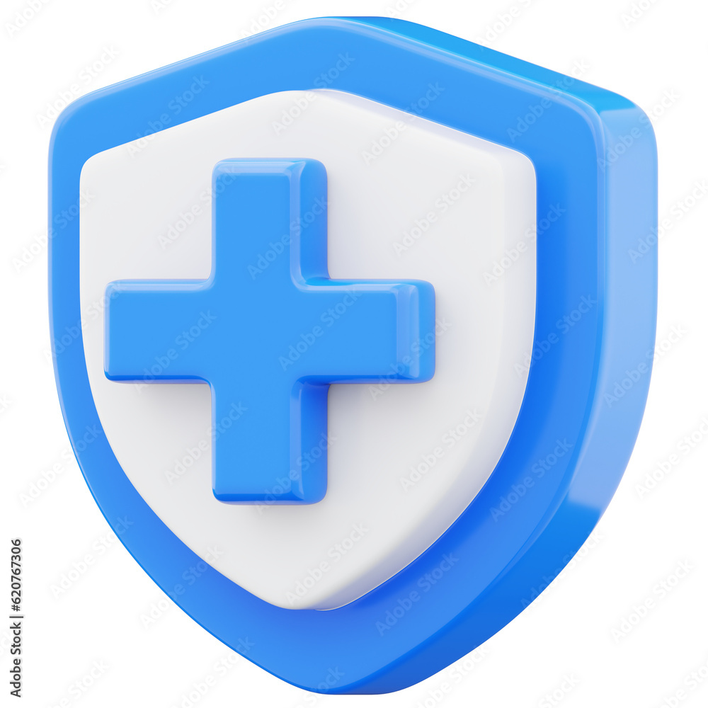 Fototapeta premium Shield plus cross sign icon. Health care first aid symbol 3d render illustration isolated on transparent background
