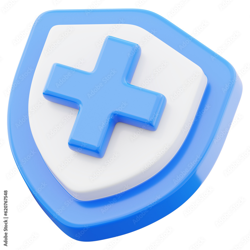 Fototapeta premium Shield plus cross sign icon. Health care first aid symbol 3d render illustration isolated on transparent background