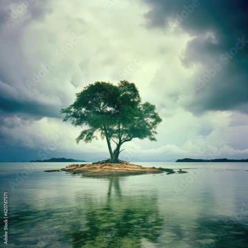 Lonely tree on a small island in the sea at sunset