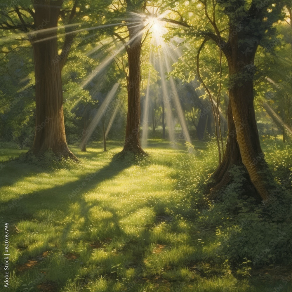 Obraz premium Beautiful forest landscape with sunbeams in the morning light