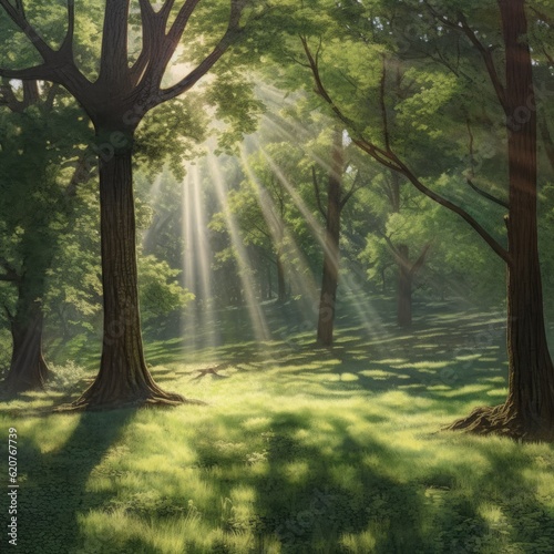 Beautiful forest landscape with sunbeams in the morning light