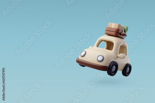 3d Vector Car with Luggage, Box and Green Mat, Holiday Vacation, Travel and Transport concept.