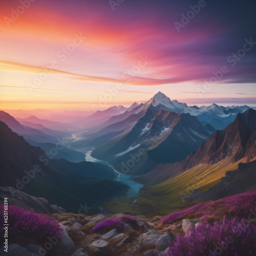 Majestic mountain landscape with a gradient of serene blues and purples