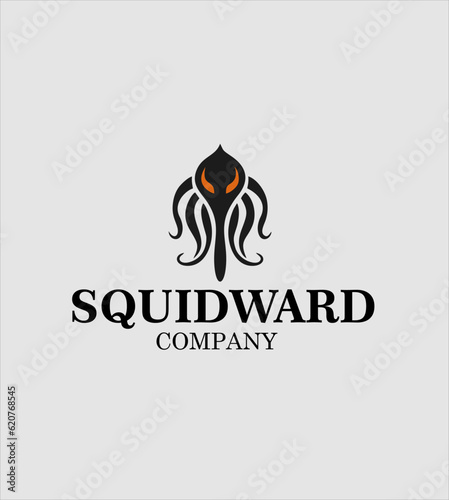 Minimalist squid logo design, vector illustration. Emblem design on white background