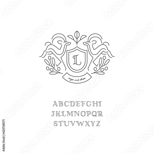 oryx or deer,olive, thin line vector crest icon illustration.