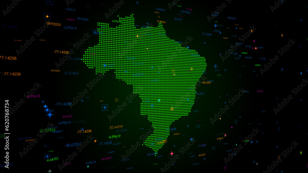 Fototapeta premium Futuristic Green Colorful Shiny Digital Technology Hud Dots Mosaic Grid Brazil Map Perspective View With Numeric Tech Particles Background