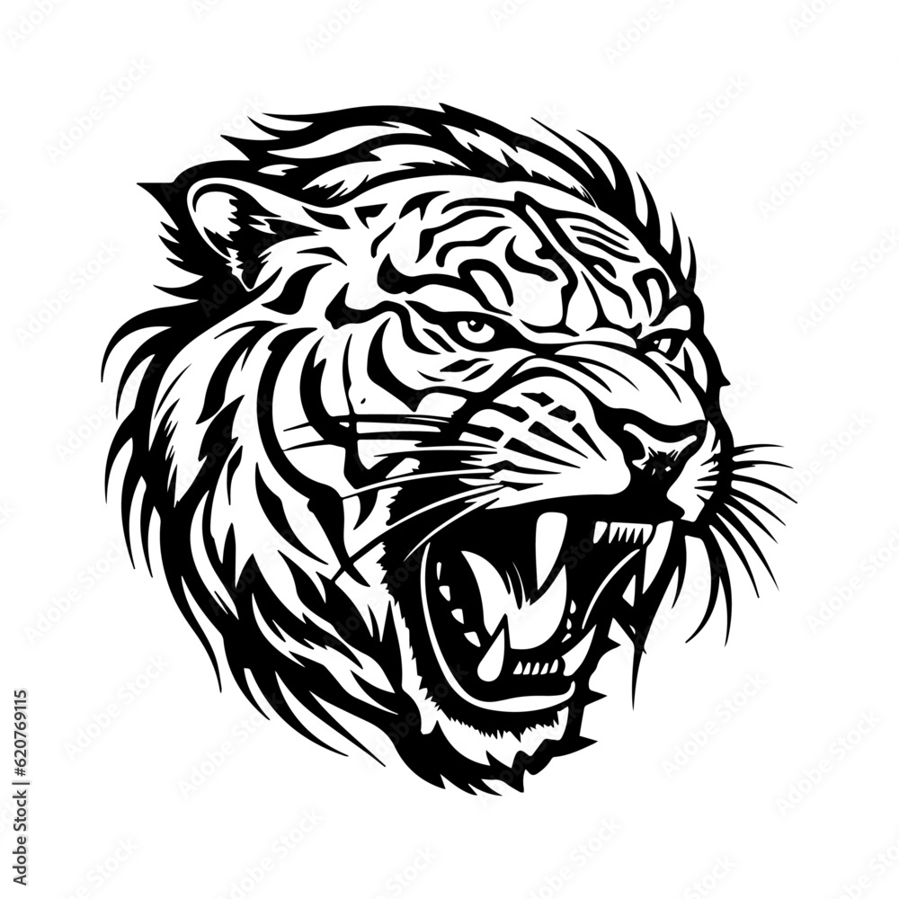 Tiger head tattoo, angry tiger Roaring vector art, isolated in white background, vector illustration.