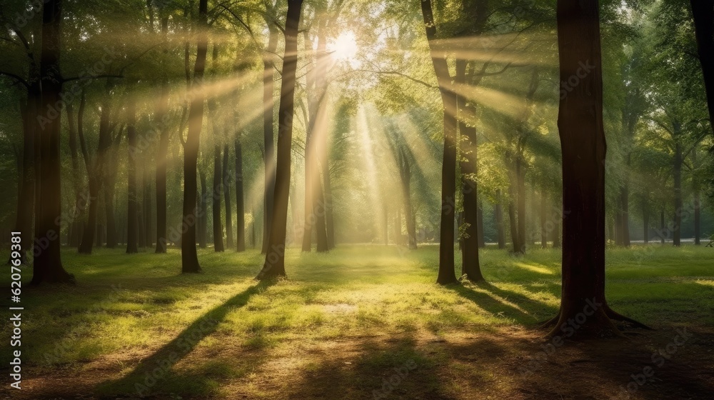 Sun beamed through trees in the lawn