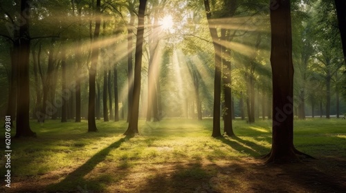 Sun beamed through trees in the lawn © EVERMUSHROOM