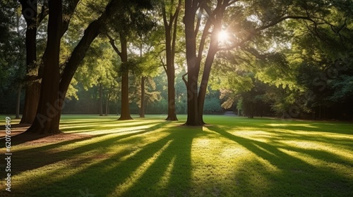Sun beamed through trees in the lawn