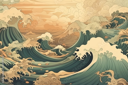 Abstract Hokusai style background, Waves with sea photo