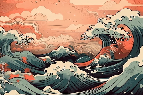 Abstract Hokusai style background  Waves with sea