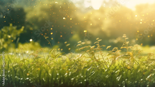 Fresh green grass in sunlight, bokeh blur. Beautiful summer or spring field landscape, natural background, banner