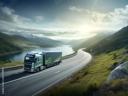 Green modern truck delivers to a mountainous area, with a mountain lake and mountains in the background. Generative AI.