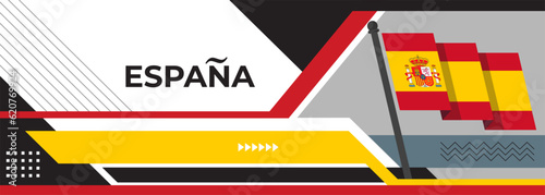 Spain national day banner for España , Espana or Espania with abstract retro modern geometric design. Flag of Spain with red yellow color corporate business theme. Barcelona and Madrid background.