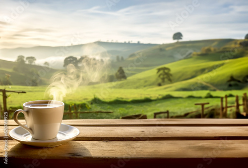 white cup of coffee and smoke placed on a wooden table with sky and mountain background in the morning. copy space for text
