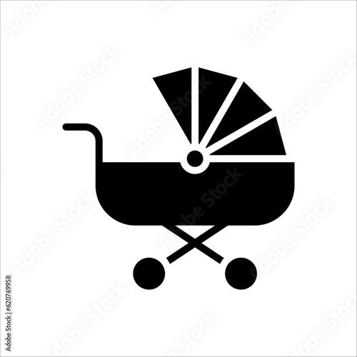 Baby stroller icon. Simple baby carriage icon on white background