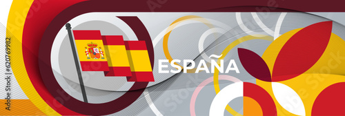 Spain national day banner for España , Espana or Espania with abstract retro modern geometric design. Flag of Spain with red yellow color corporate business theme. Barcelona and Madrid background.