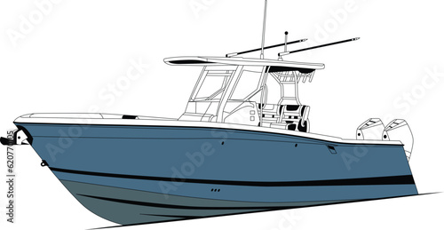 Vector, line art and color image of fishing boat on a white background.	
