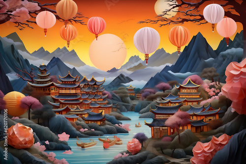chinese rural landscape illustration with papercut art  created using generative AI tools