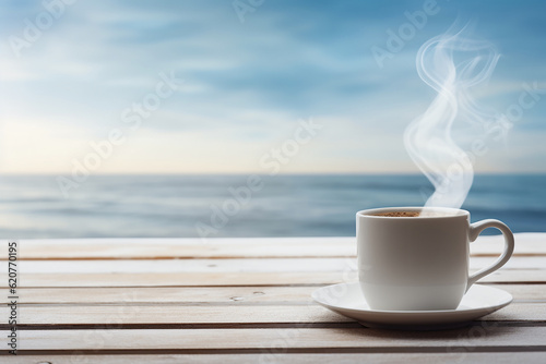 white cup of coffee and smoke on a wooden table with sky and sea background. copy space for text