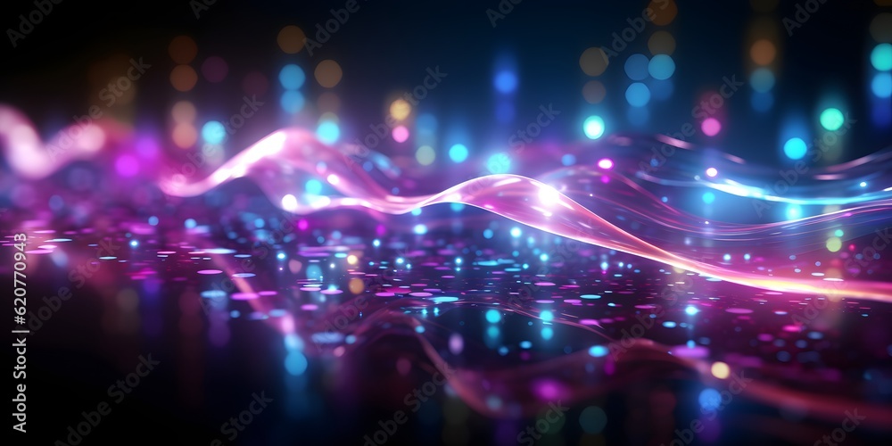 abstract background with pink blue glowing neon lines and bokeh lights. Data transfer concept. Digital wallpaper, AI Generative